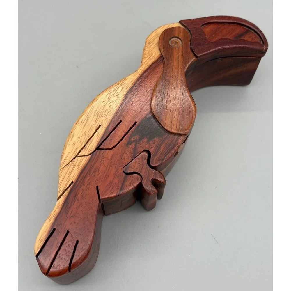 Vintage Toucan Wooden Puzzle Box Hand Carved Lined Trinket Box 9